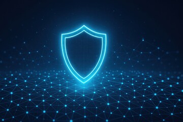 Fototapeta premium A glowing blue shield symbolizing security and protection over a digital network background, representing cybersecurity and data safety in modern technology-driven environments.