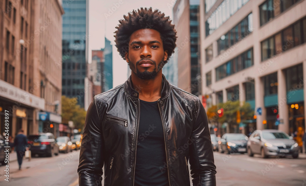 Poster man wearing a black leather jacket stands on a city street. he is looking at the camera with a serio