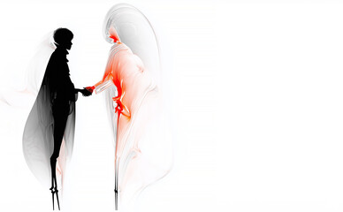 Two abstract figures engage in a handshake, on sparse white backgound. Copy space.