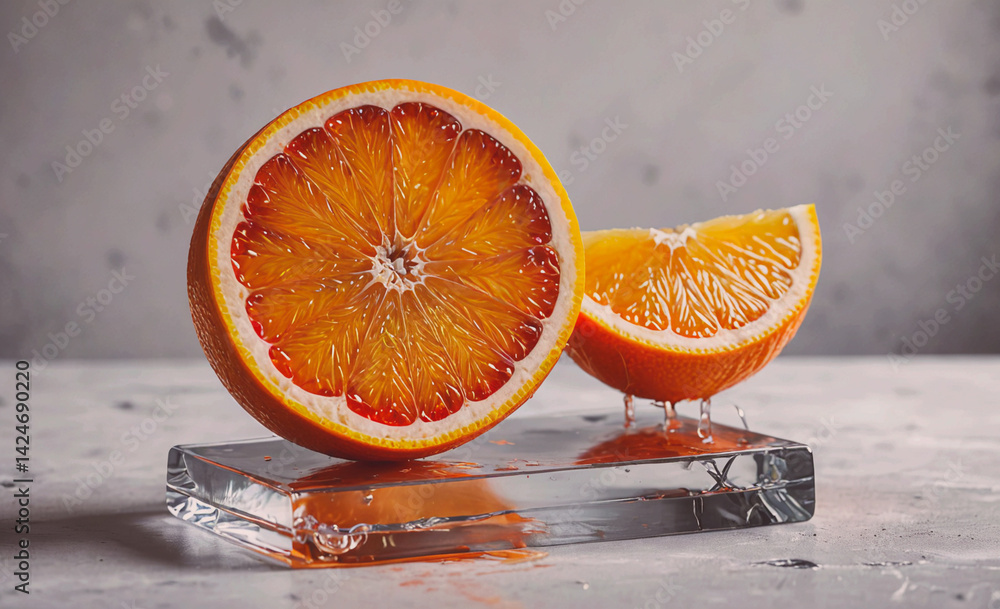 Poster slice of orange with a small hole in the middle. the orange is cut in half and placed on a glass sur