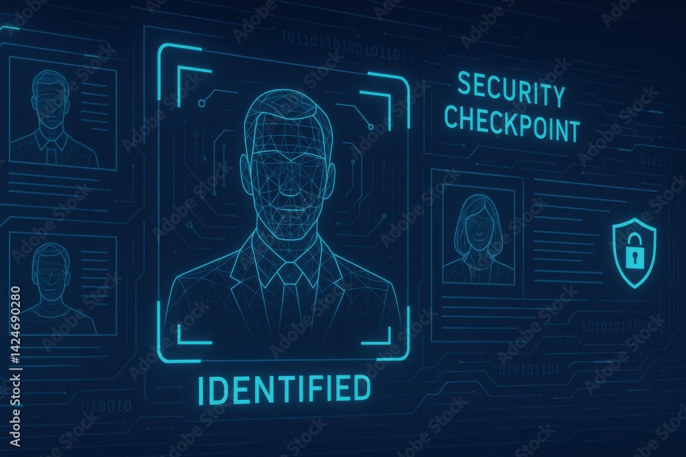 Poster futuristic digital security checkpoint display, showcasing advanced facial recognition technology an