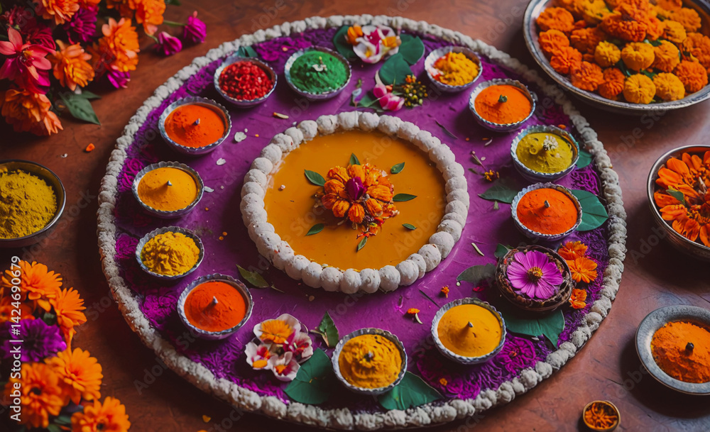 Poster colorful tray with many different colored spices and flowers. the tray is on a table and is surround