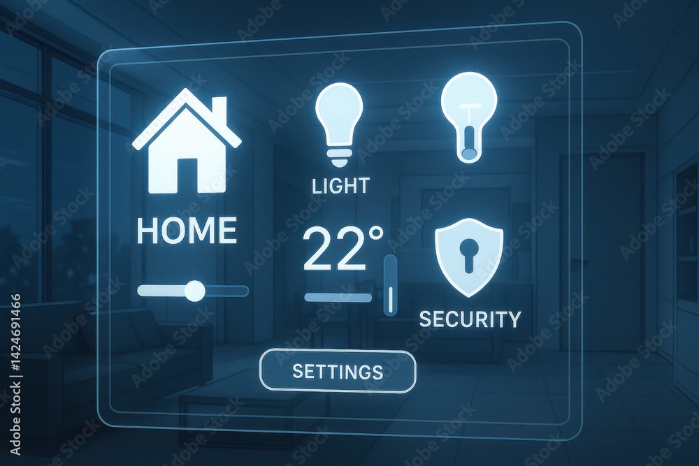 Poster a modern home automation interface displaying controls for light, temperature, and security settings