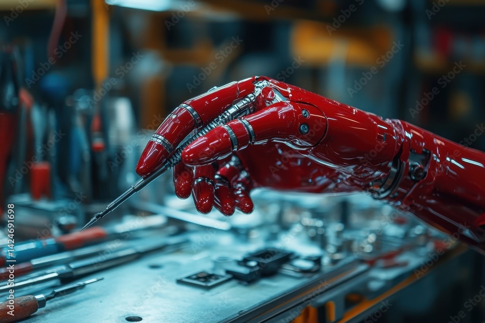 Aufkleber Hand holding a tool while working on mechanical repairs in a dimly lit workshop filled with various instruments and equipment during the afternoon hours