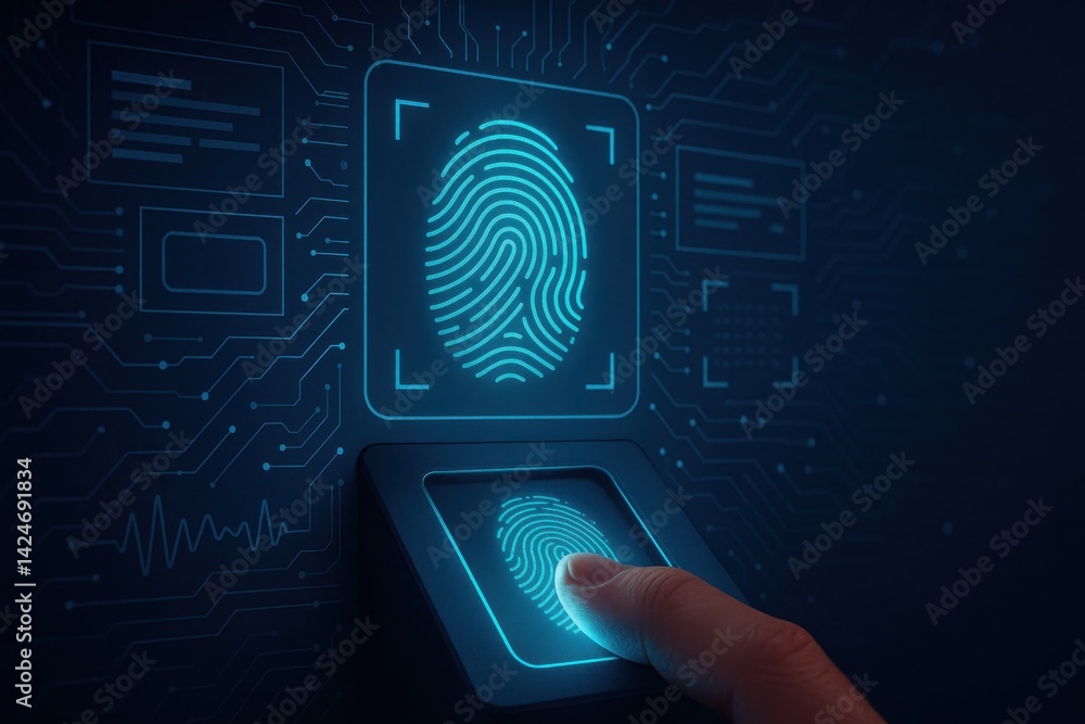 Poster a futuristic fingerprint scanner against a high-tech digital background. the image showcases modern 