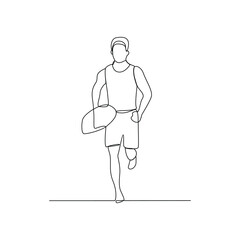 One continuous line drawing of Surfer at the beach vector design illustration. Summer holiday themes design in simple linear continuous style vector concept. Suitable for education design purpose