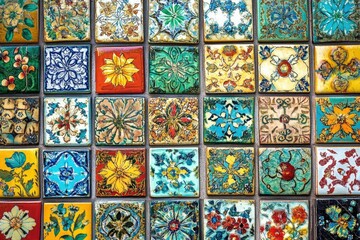A vibrant mosaic of colorful, floral-patterned square tiles creates a stunning, intricate design.