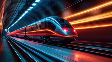 Fototapeta premium Futuristic train speeding through neon tunnel (1)