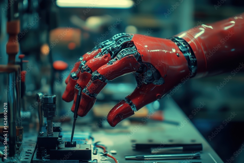 Aufkleber Hand holding a tool while working on mechanical repairs in a dimly lit workshop filled with various instruments and equipment during the afternoon hours