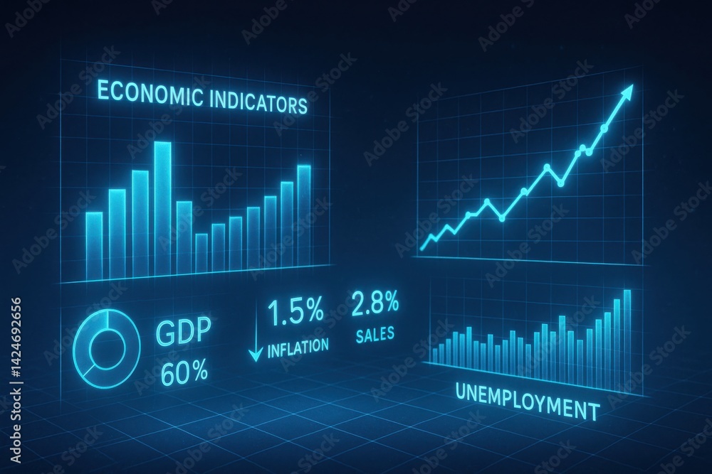 Poster a futuristic representation of economic indicators including graphs and data visualizations, illustr