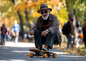 Happy senior skateboarding autumn park.