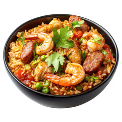 Fototapeta premium Jambalaya Rice Bowl with Shrimp, Sausage and Tomatoes