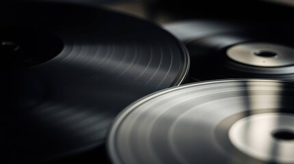 Close-Up of Vintage Vinyl Records with Metallic Reflection