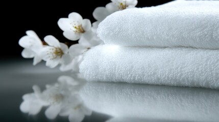 Soft white towels with delicate spring blossoms.  Stacked towels resting on a reflective surface, complemented by a sprig of white blossoms