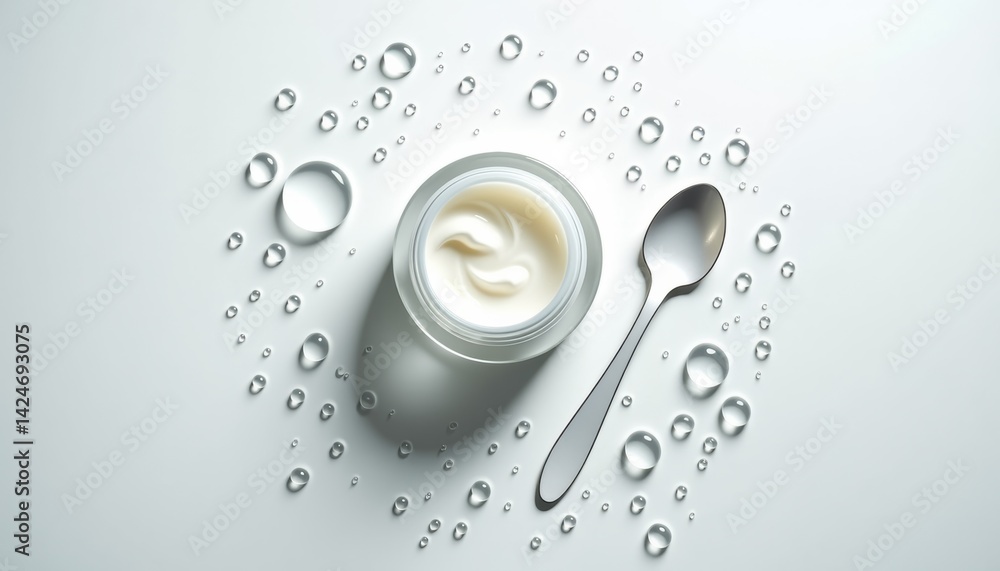 Poster creamy texture in jar with spoon against a minimalist background -