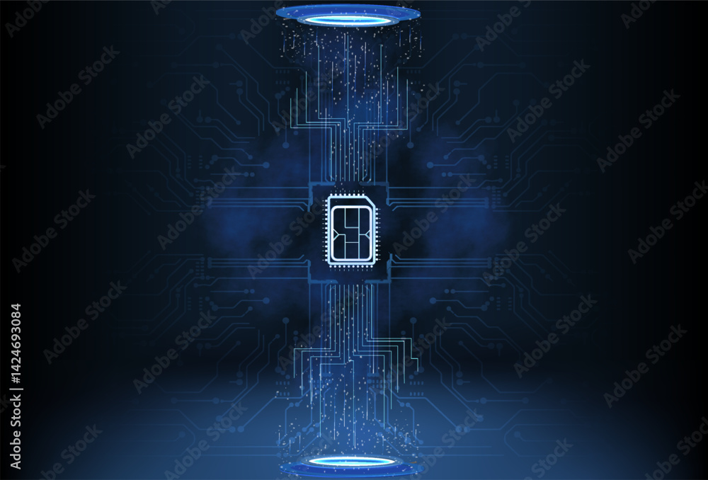 Poster digital circuit design showcasing a microchip in a futuristic environment with glowing elements