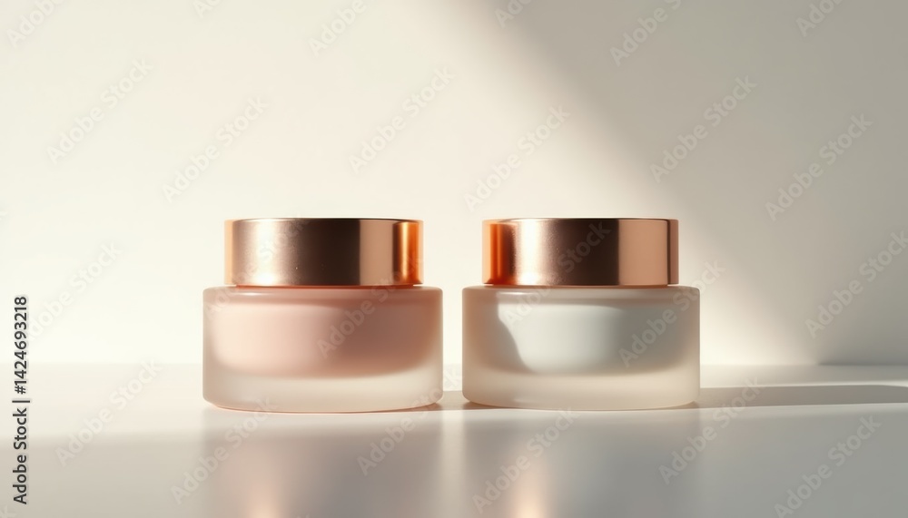 Poster two elegant skincare jars illuminated against a soft background