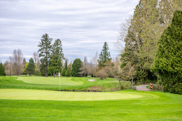 Golf course with gorgeous green and fantastic forest view in Vancouver, Canada, North America. Day time on April 2025.