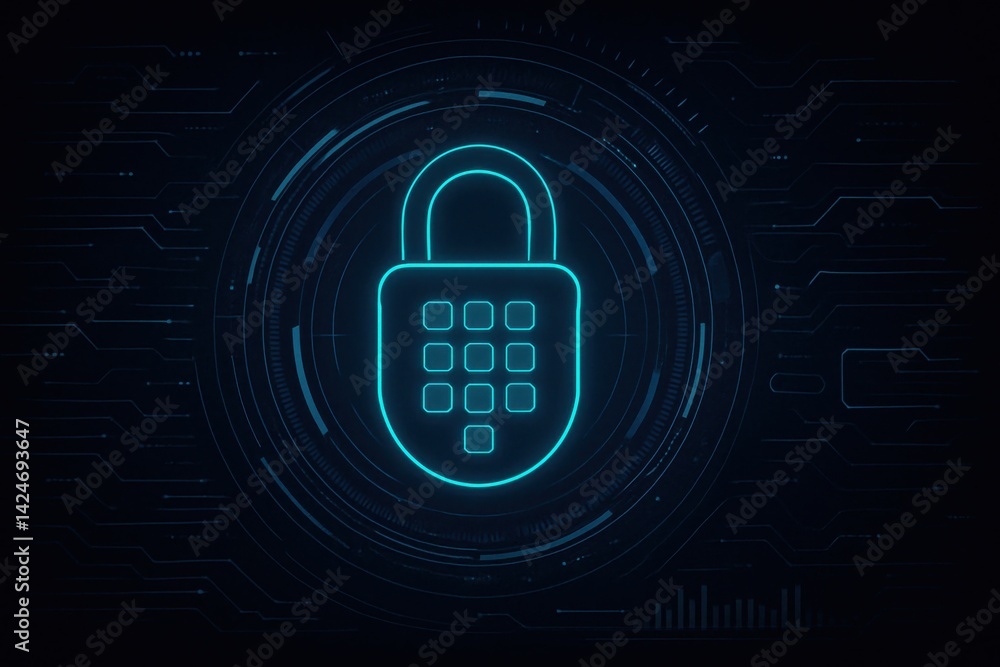 Poster a sleek digital padlock icon surrounded by a futuristic circuit background, symbolizing security and