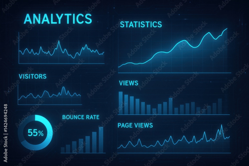 Poster a modern digital analytics dashboard featuring graphs and statistics