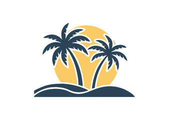 Palm tree silhouettes sign on sun beach, sunset on island, two palm and sun Icon Design
