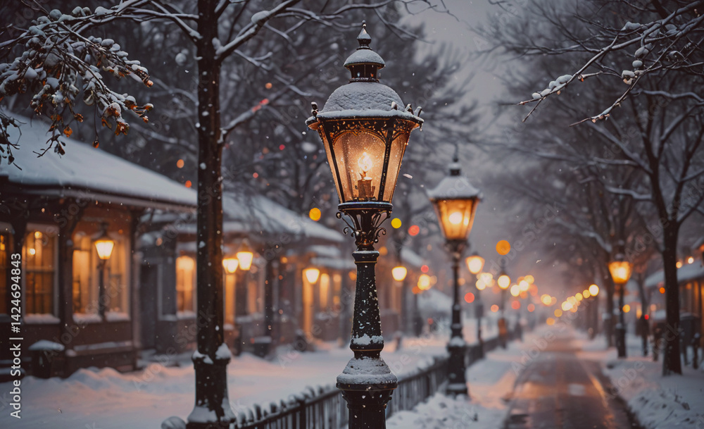 Poster street scene with a lamp post lit up in the snow. the street is empty and quiet, with only a few peo