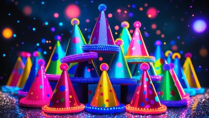 A vibrant gathering of festive party hats, adorned with colorful lights, promises a celebration filled with joy and excitement.