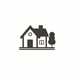 Minimalist Black and White House with Tree &ndash; Vector Illustration on White Background