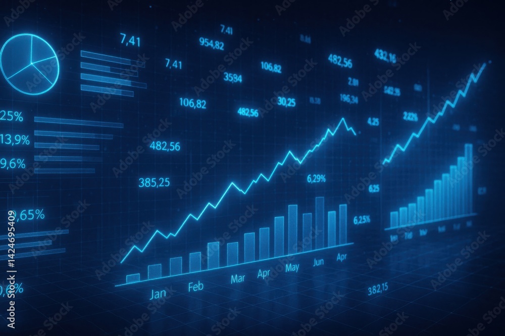 Poster a futuristic digital display showcasing fluctuating graphs, data analytics, and performance metrics,