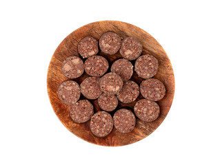 Black pudding isolated, blood sausage kaszanka, traditional Polish terrine, brawn sausages on white