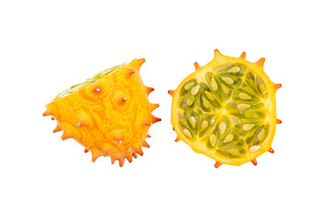 Kiwano cuts isolated, jelly melon halves, cucumis metuliferus, horned melon, african horned cucumber