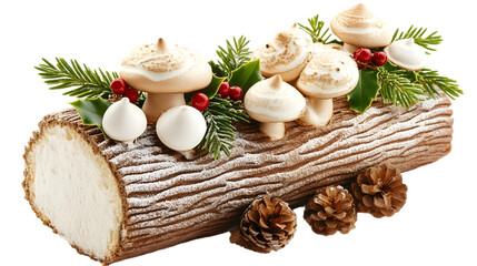 A classic buche de noel yummy cake isolated on white background 