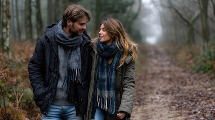 Fototapeta premium Romantic Couple Walking Together in Forest During Fall, Cozy Autumn Outdoor Date, Hugging and Smiling