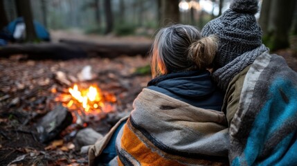Two People Sitting Close Together in a Forest During Camping Night with a Small Fire