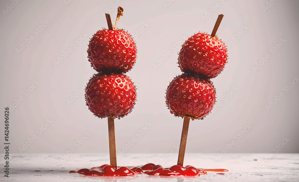 Poster two red strawberries are standing on sticks, one on top of the other. the image conveys a playful an