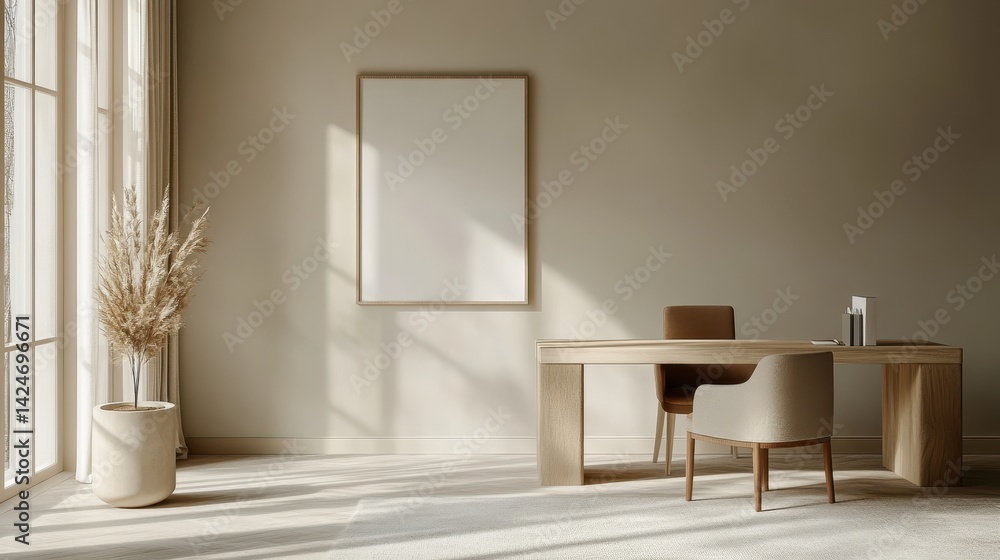 Poster modern minimalist office interior during daylight with large windows and neutral color palette enhan
