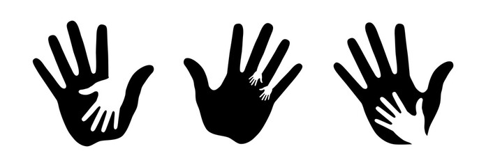 Caring Hand Icon Set. Vector Logo. Care Hand print. Help Child Hand. Charity Emblem. Volunteer icon. Health Logo