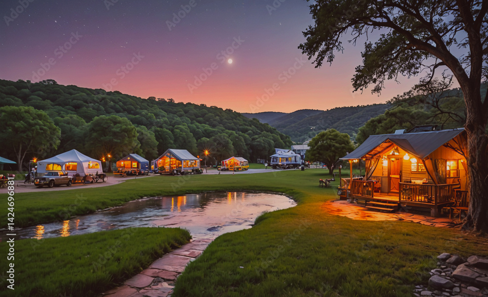 Poster group of small cabins are set up in a grassy field. the cabins are surrounded by a pond and a forest