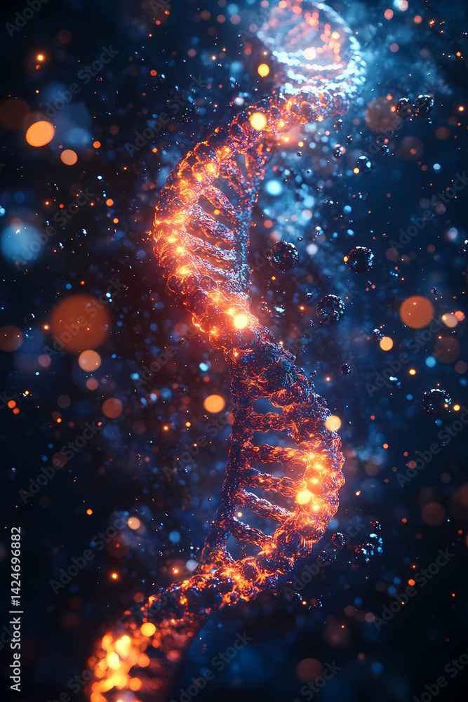 Poster glowing dna helix rotating in a microscopic environment