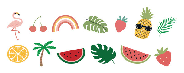 Tropical Summer, Cute Cartoon Icons with Beach Vibes & Fruity Fun, Art & Illustration