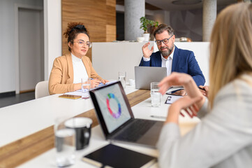 Obraz premium Businesswoman reviewing report on her laptop while discussing business performance with coworkers in meeting