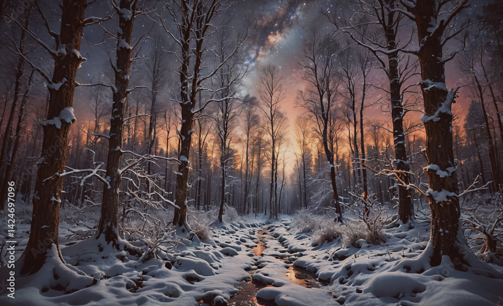 Aufkleber snowy forest with a stream running through it. the sky is orange and the snow is white