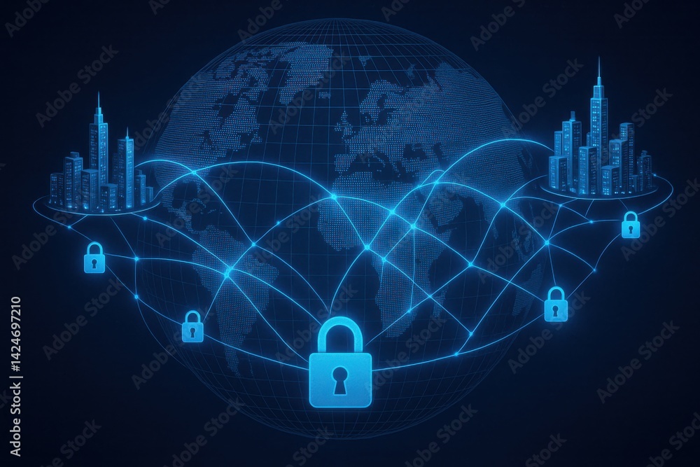 Poster a digital representation of global connectivity, showcasing a secure network with padlocks symbolizi