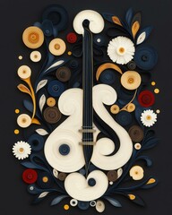 White Cello Silhouette with Colorful Paper Flowers on Dark Blue Background