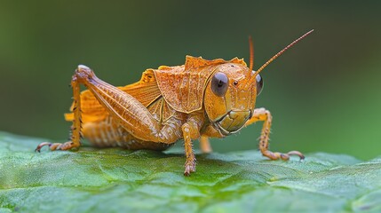 Fototapeta premium Close-up of an orange grasshopper on a leaf