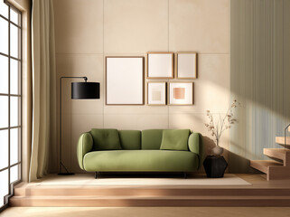 A cozy living room featuring a vibrant green couch and a stylish lamp