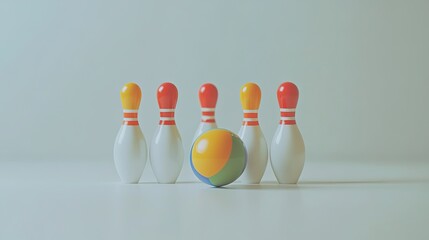 Naklejka premium A compact toy bowling set with miniature pins and a colorful ball