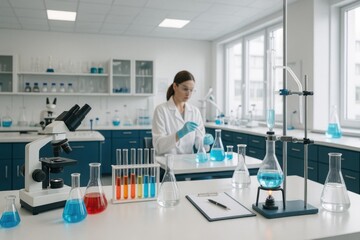 A focused scientist in a lab coat conducts experiments in a modern laboratory filled with colorful liquids in beakers and test tubes, using advanced equipment for research.