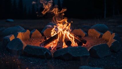 Inviting campfire scene encircled by rugged stones radiating warmth and smoke