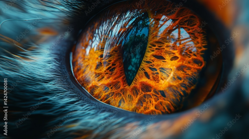 Poster a macro view of a cat's eye, highlighting its intricate patterns and vivid color